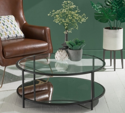 Clearance - Hyde Black Metal Coffee Table, Round Clear Glass Top with Mirrored Bottom Shelf
