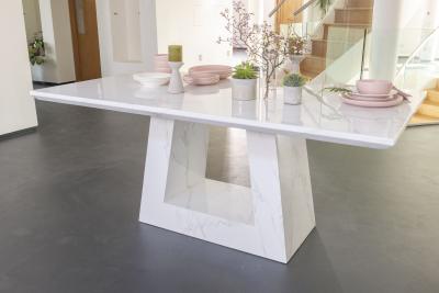 Milan Marble Dining Table, White Rectangular Top with Triangular Pedestal Base - 6 Seater