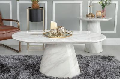 Carrera Marble Coffee Table White Oval Top with Cone Pedestal Base