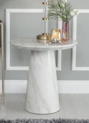 Carrera Marble Side Table White Round Top with Cone Pedestal Base