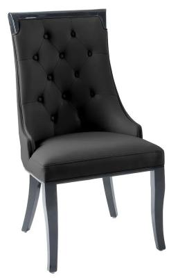Carmela Black Dining Chair, Leather - Faux PU Tufted Scoop Back with Black Wooden Legs