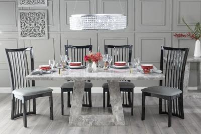 Milan Marble Dining Table Set, Rectangular Grey Top and Triangular Pedestal Base with Athena Walnut and Beige Fabric Chairs