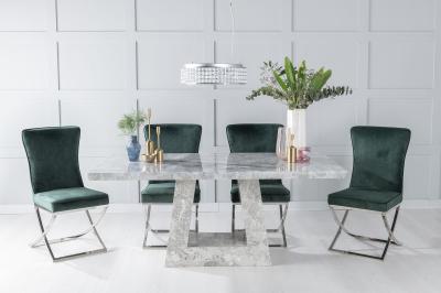 Product photograph of Milan Marble Dining Table Set Rectangular Grey Top And Triangular Pedestal Base With Lyon Green Fabric Chairs from Choice Furniture Superstore