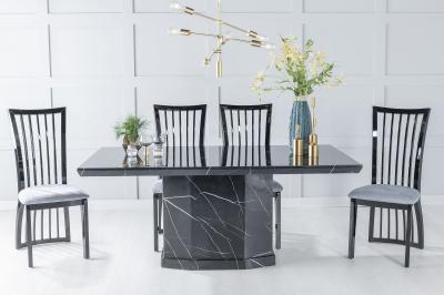 Product photograph of Naples Marble Dining Table Set Rectangular Black Top And Pedestal Base With Athena Black High Gloss And Beige Fabric Chairs from Choice Furniture Superstore