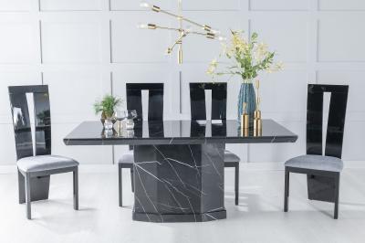 Image of Naples Black Marble Dining Set - Vienna Black High Gloss with Beige Fabric Chairs