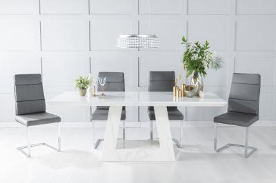 Product photograph of Milan Marble Dining Table Set Rectangular White Top And Triangular Pedestal Base With Arabella Dark Grey Faux Leather Chairs from Choice Furniture Superstore