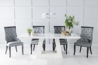 Product photograph of Milan Marble Dining Table Set Rectangular White Top And Triangular Pedestal Base With Carmela Grey Faux Leather Chairs from Choice Furniture Superstore