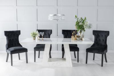 Milan Marble Dining Table Set, Rectangular White Top and Triangular Pedestal Base with Courtney Black Fabric Chairs