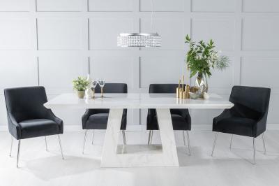 Milan Marble Dining Table Set, Rectangular White Top and Triangular Pedestal Base with Giovanni Black Fabric Chairs