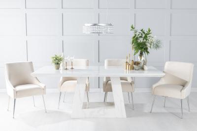 Milan Marble Dining Table Set, Rectangular White Top and Triangular Pedestal Base with Giovanni Champagne Fabric Chairs