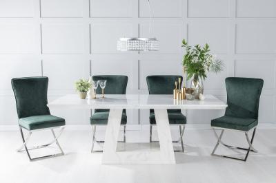Milan Marble Dining Table Set, Rectangular White Top and Triangular Pedestal Base with Lyon Green Fabric Chairs