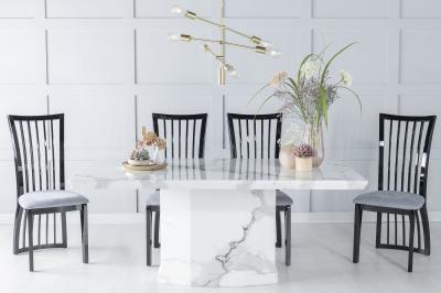 Product photograph of Naples Marble Dining Table Set Rectangular White Top And Pedestal Base With Athena Black High Gloss And Beige Fabric Chairs from Choice Furniture Superstore
