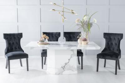 Naples Marble Dining Table Set, Rectangular White Top and Pedestal Base with Courtney Black Fabric Chairs
