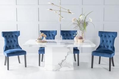 Naples Marble Dining Table Set, Rectangular White Top and Pedestal Base with Courtney Blue Fabric Chairs