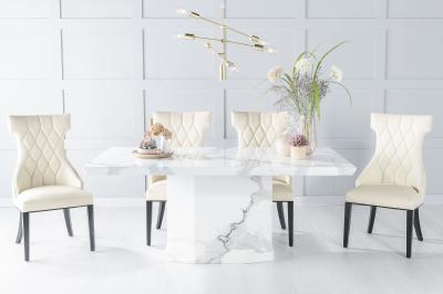 Naples Marble Dining Table Set, Rectangular White Top and Pedestal Base with Mimi Cream Faux Leather Chairs
