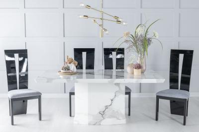 Image of Naples White Marble Dining Set - Vienna Black High Gloss and Beige Fabric Chairs