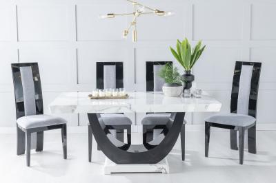 Product photograph of Madrid Marble Dining Table Set White Top And Black Gloss U - Shaped Pedestal Base With Alpine Black High Gloss And Beige Fabric Chairs from Choice Furniture Superstore
