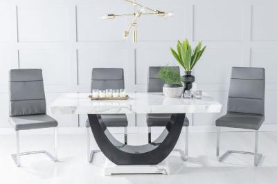 Product photograph of Madrid Marble Dining Table Set White Top And Black Gloss U - Shaped Pedestal Base With Arabella Dark Grey Faux Leather Chairs from Choice Furniture Superstore
