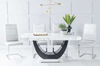 Product photograph of Madrid Marble Dining Table Set White Top And Black Gloss U - Shaped Pedestal Base With Arabella Grey Faux Leather Chairs from Choice Furniture Superstore