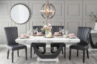 Madrid Marble Dining Table Set, White Top and Black Gloss U - Shaped Pedestal Base with Cadiz Black Faux Leather Chairs