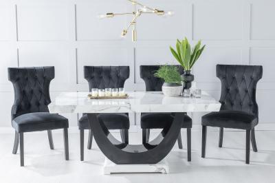 Product photograph of Madrid Marble Dining Table Set White Top And Black Gloss U - Shaped Pedestal Base With Courtney Black Fabric Chairs from Choice Furniture Superstore