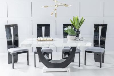 Image of Madrid White Marble Dining Set - Vienna Black High Gloss and Beige Fabric Chairs