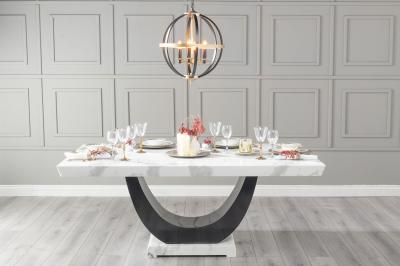 Madrid Marble Dining Table, White Rectangular Top with Black Gloss U - Shaped Pedestal Base