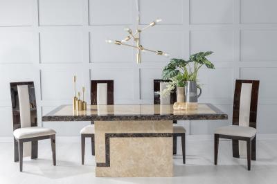 Image of Venice Cream Marble Dining Set - Alpine Walnut High Gloss with Beige Chairs