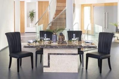 Venice Marble Dining Table Set, Rectangular Cream Top and Pedestal Base with Cadiz Black Faux Leather Chairs