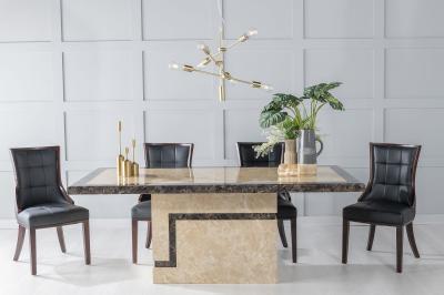 Image of Venice Cream Marble Dining Set - Paris Black Faux Leather Chairs