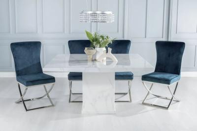 Turin Marble Dining Table Set, Rectangular White Top and Pedestal Base with Lyon Blue Fabric Chairs