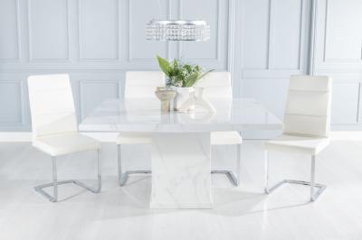Turin Marble Dining Table, Square White Top and Pedestal Base with Arabella Cream Faux Leather Chairs