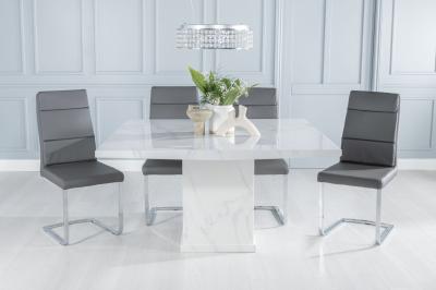 Turin Marble Dining Table, Square White Top and Pedestal Base with Arabella Dark Grey Faux Leather Chairs
