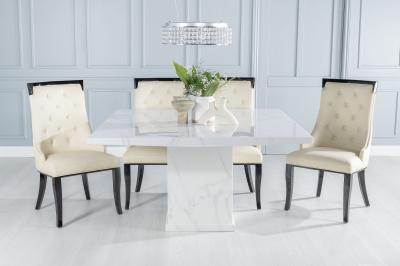 Turin Marble Dining Table, Square White Top and Pedestal Base with Carmela Cream Faux Leather Chairs