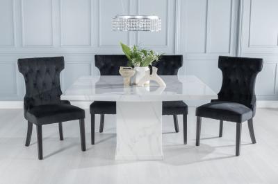 Turin Marble Dining Table, Square White Top and Pedestal Base with Courtney Black Fabric Chairs