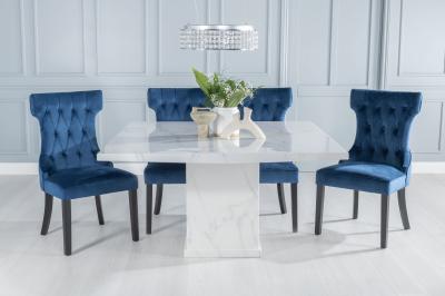 Turin Marble Dining Table, Square White Top and Pedestal Base with Courtney Blue Fabric Chairs