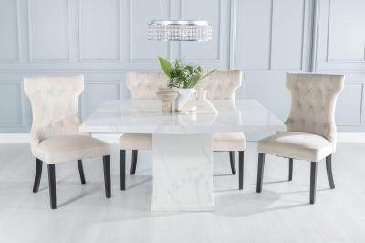 Turin Marble Dining Table, Square White Top and Pedestal Base with Courtney Champagne Fabric Chairs