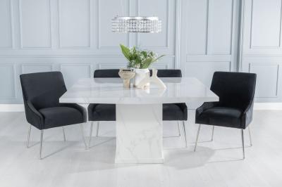 Turin Marble Dining Table, Square White Top and Pedestal Base with Giovanni Black Fabric Chairs