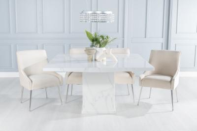 Turin Marble Dining Table, Square White Top and Pedestal Base with Giovanni Champagne Fabric Chairs