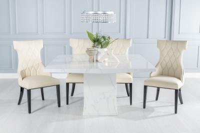 Turin Marble Dining Table, Square White Top and Pedestal Base with Mimi Cream Faux Leather Chairs