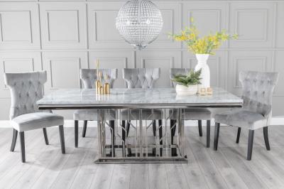 Product photograph of Vortex 220cm Grey Marble And Chrome Dining Set - Courtney Light Grey Fabric Dining Chair from Choice Furniture Superstore