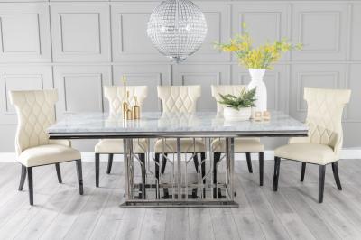 Image of Vortex 220cm Grey Marble and Chrome Dining Set - Mimi Cream Faux Leather Chairs