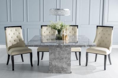 Turin Marble Dining Table Set, Square Grey Top and Pedestal Base with Carmela Cream Faux Leather Chairs