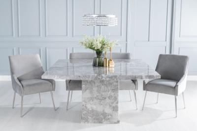 Turin Marble Dining Table Set, Square Grey Top and Pedestal Base with Giovanni Light Grey Fabric Chairs