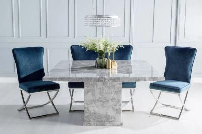 Product photograph of Turin Marble Dining Table Set Square Grey Top And Pedestal Base With Lyon Blue Fabric Chairs from Choice Furniture Superstore