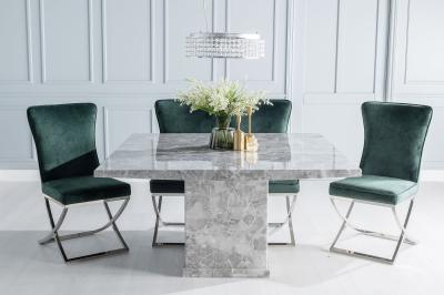 Turin Marble Dining Table Set, Square Grey Top and Pedestal Base with Lyon Green Fabric Chairs