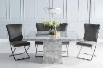 Product photograph of Turin Marble Dining Table Set Square Grey Top And Pedestal Base With Lyon Grey Fabric Chairs from Choice Furniture Superstore