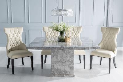 Turin Marble Dining Table Set, Square Grey Top and Pedestal Base with Mimi Cream Faux Leather Chairs