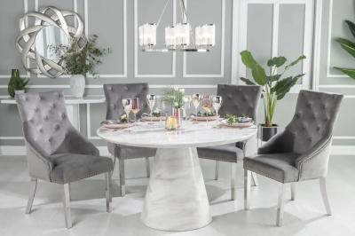 Carrera Marble Dining Table Set for 4 to 6 Diners 130cm Round White Top with Cone Pedestal Base - Grey Knockerback Chairs