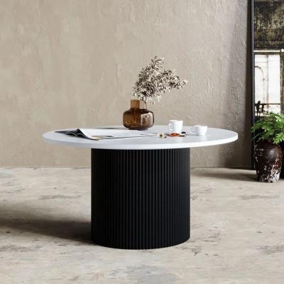 Carra Marble Dining Table White 140cm Seats 4 to 6 Diners Round Top with Black Fluted Ribbed Drum Base